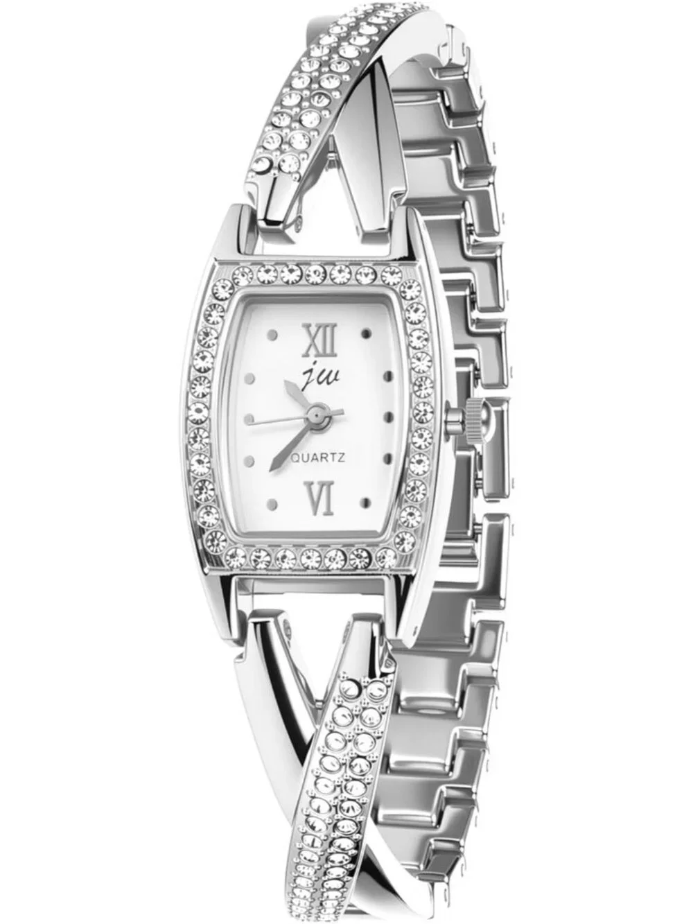 Women's Silver Rhinestone Bling Iced Out Bracelet Stainless Steel Band Watch